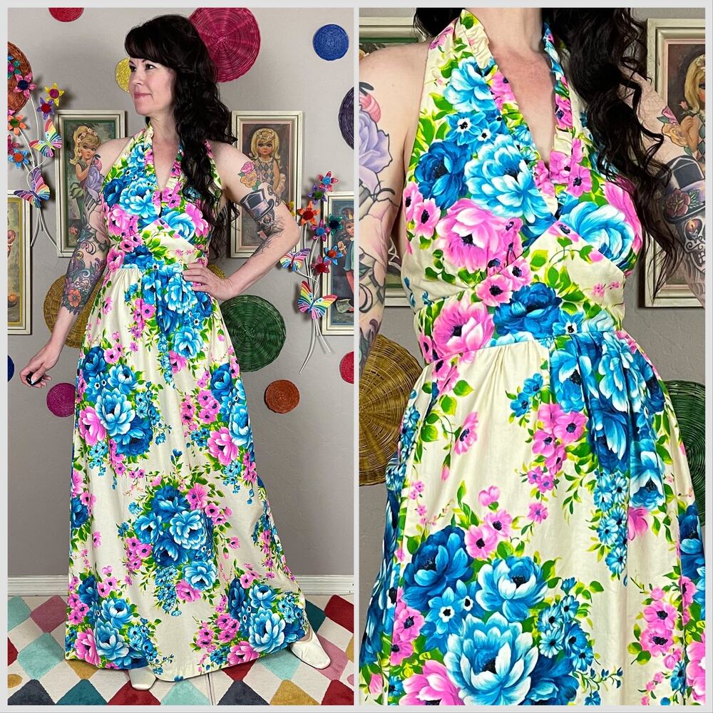 Vintage 1970s Pink and Blue Floral Cotton Open Back Halter Maxi Dress - Picture 1 of 8